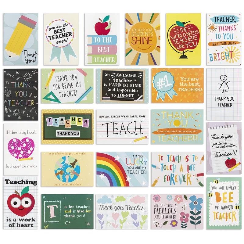 Bargain Paradise 24 Pack Teacher Thank You Cards - Cute Teacher Appreciation Cards in 24 unique Designs- Greeting Card For Teachers Day Card -End of Year Teacher Cards, Thank You Notes To Teachers 4 x 6 inches - Image 1
